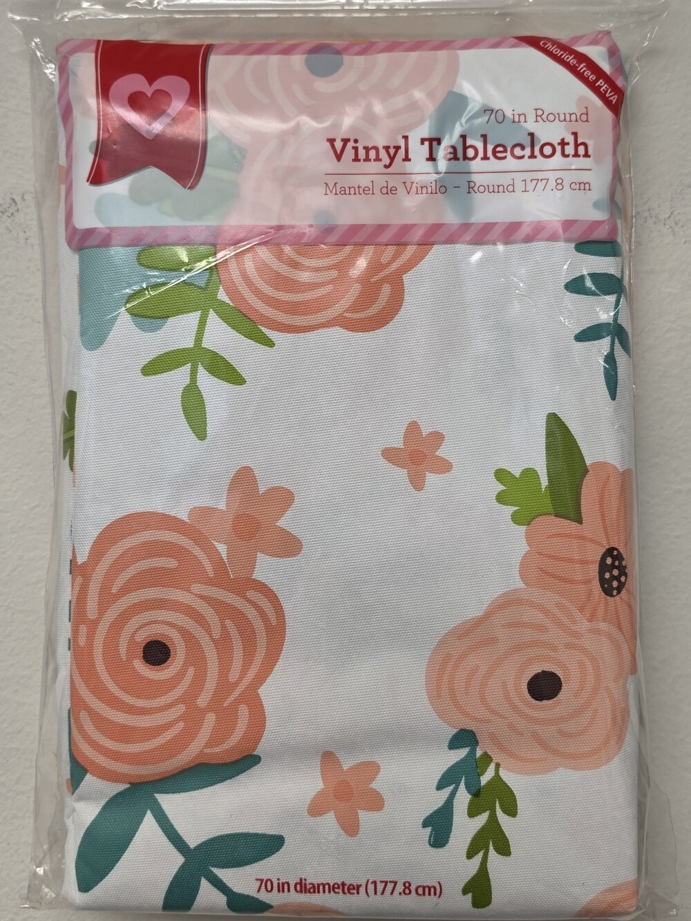 Floral Spring Round Vinyl Tablecloth Peach White 70 inch